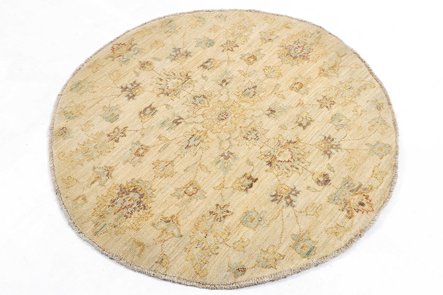 Hand-Knotted Oushak Carpet 4'.1" X 4' Traditional, Ivory Fine Wool Round Rug 4x4