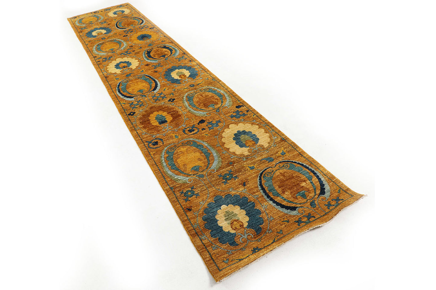 Hand-Knotted Bohemian Carpet 2'.8" X 12'.5" Transitional, Gold Fine Wool Runner Rug 2.5x12 D57082