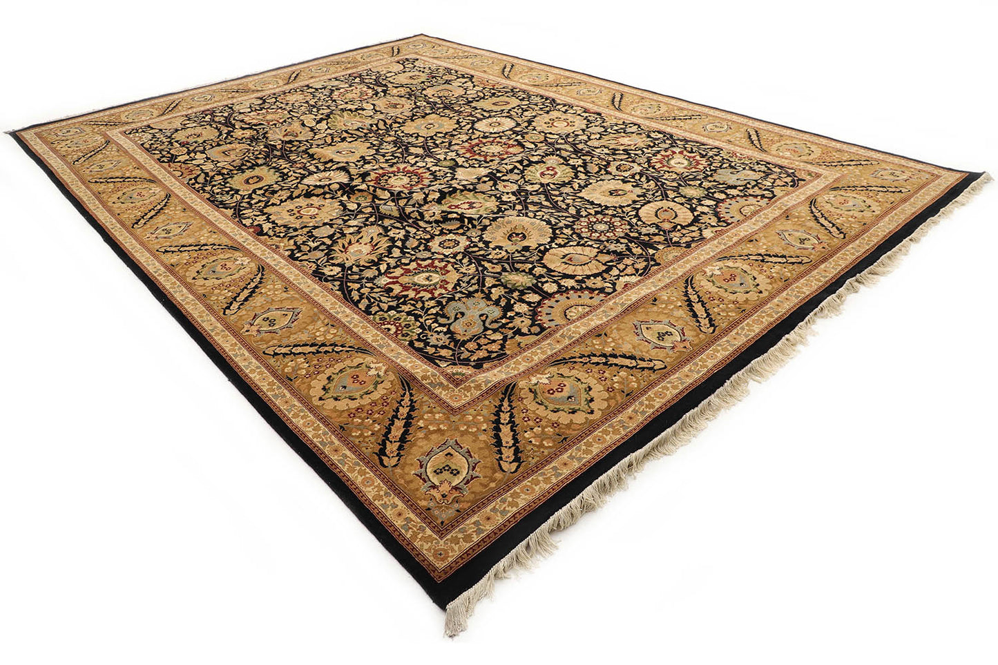 Hand-Knotted Lahore Carpet 9'.11" X 13'.5" Oriental, Black Fine Wool Area Rug 10x14