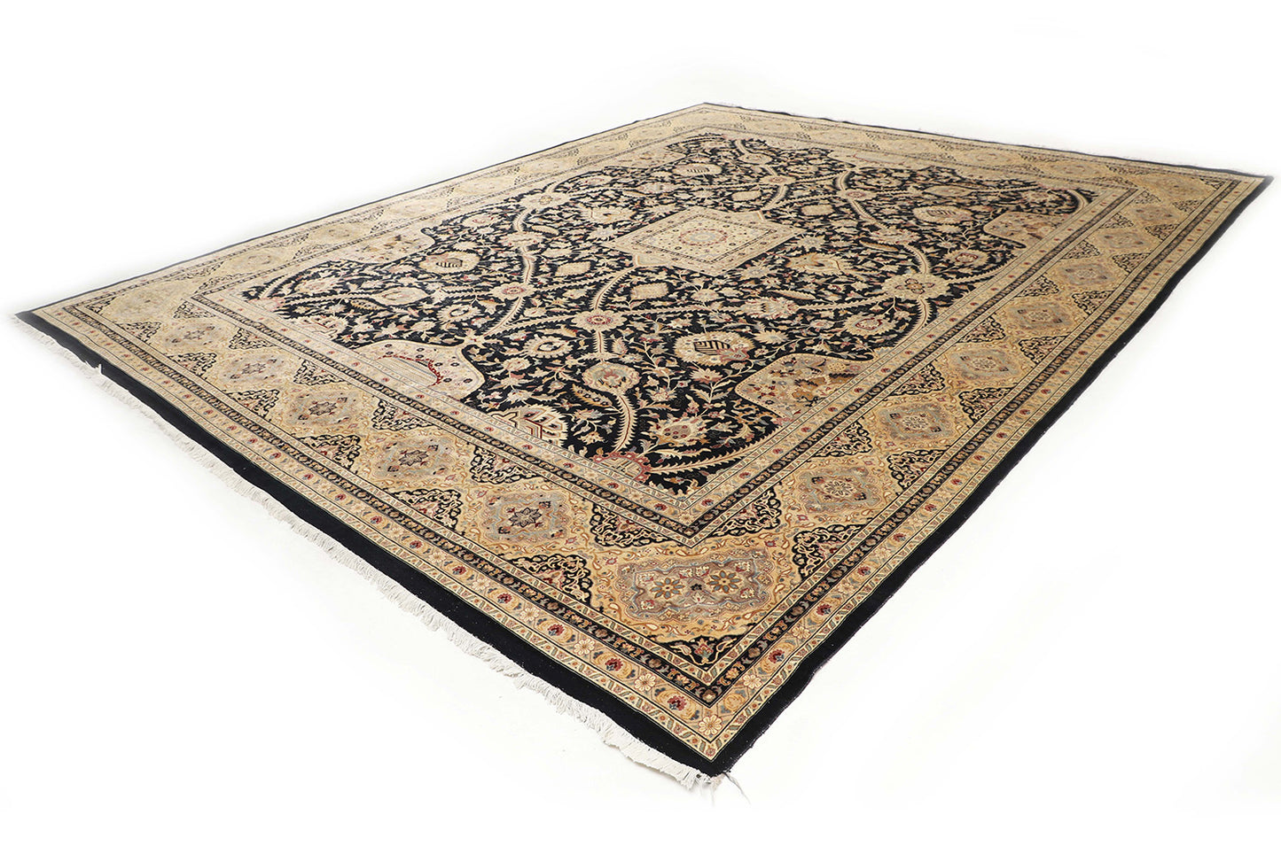 Hand-Knotted Lahore Carpet 12'.1" X 15'.1" Oriental, Black Fine Wool Area Rug 12x15