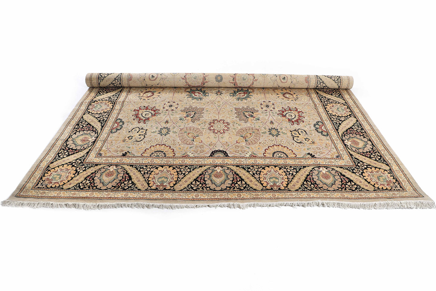 Hand-Knotted Lahore Carpet 11'.11" X 14'.9" Oriental, Bone Fine Wool Area Rug 12x15