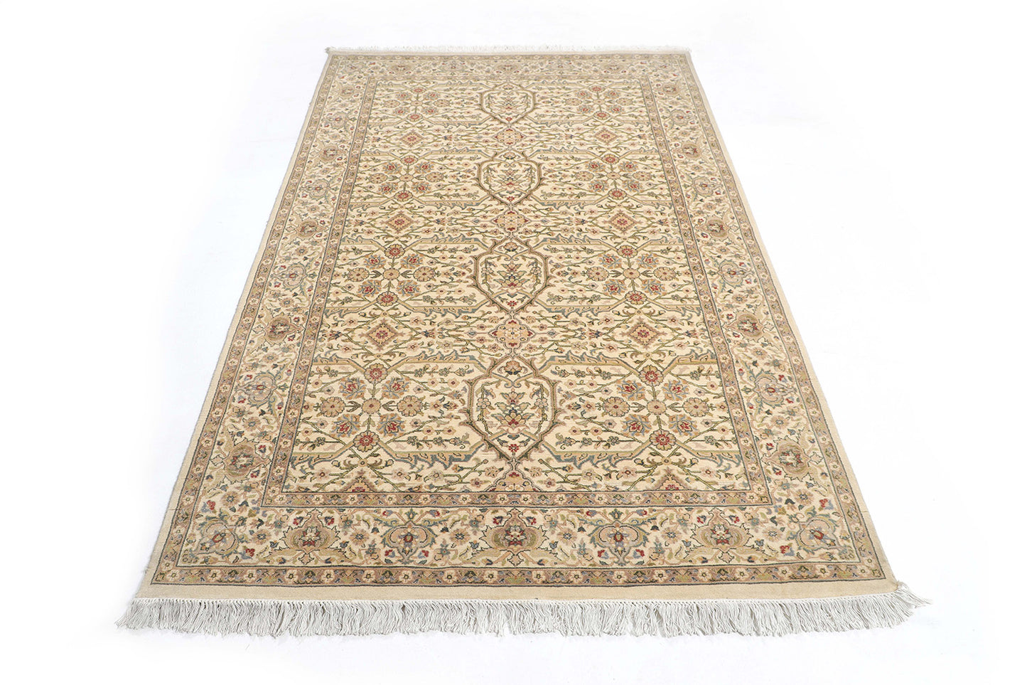Hand-Knotted Lahore Carpet 4'.8" X 7'.4" Oriental, Ivory Fine Wool Area Rug 5x7