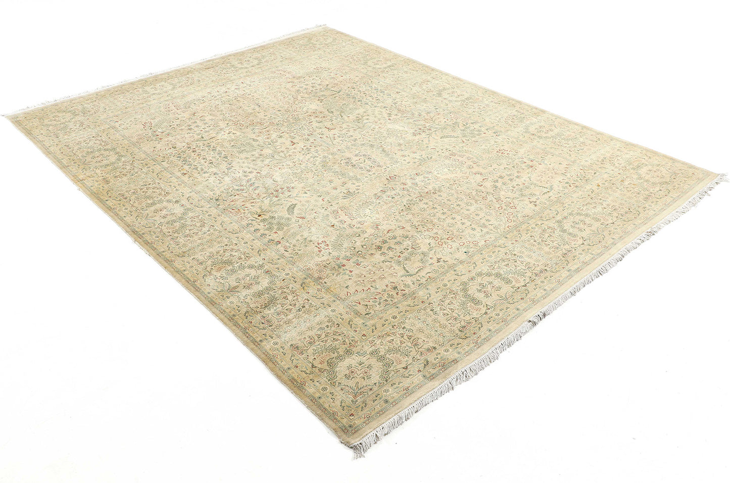 Hand-Knotted Lahore Carpet 7'.11" X 10'.2" Oriental, Beige Fine Wool Area Rug 8x10