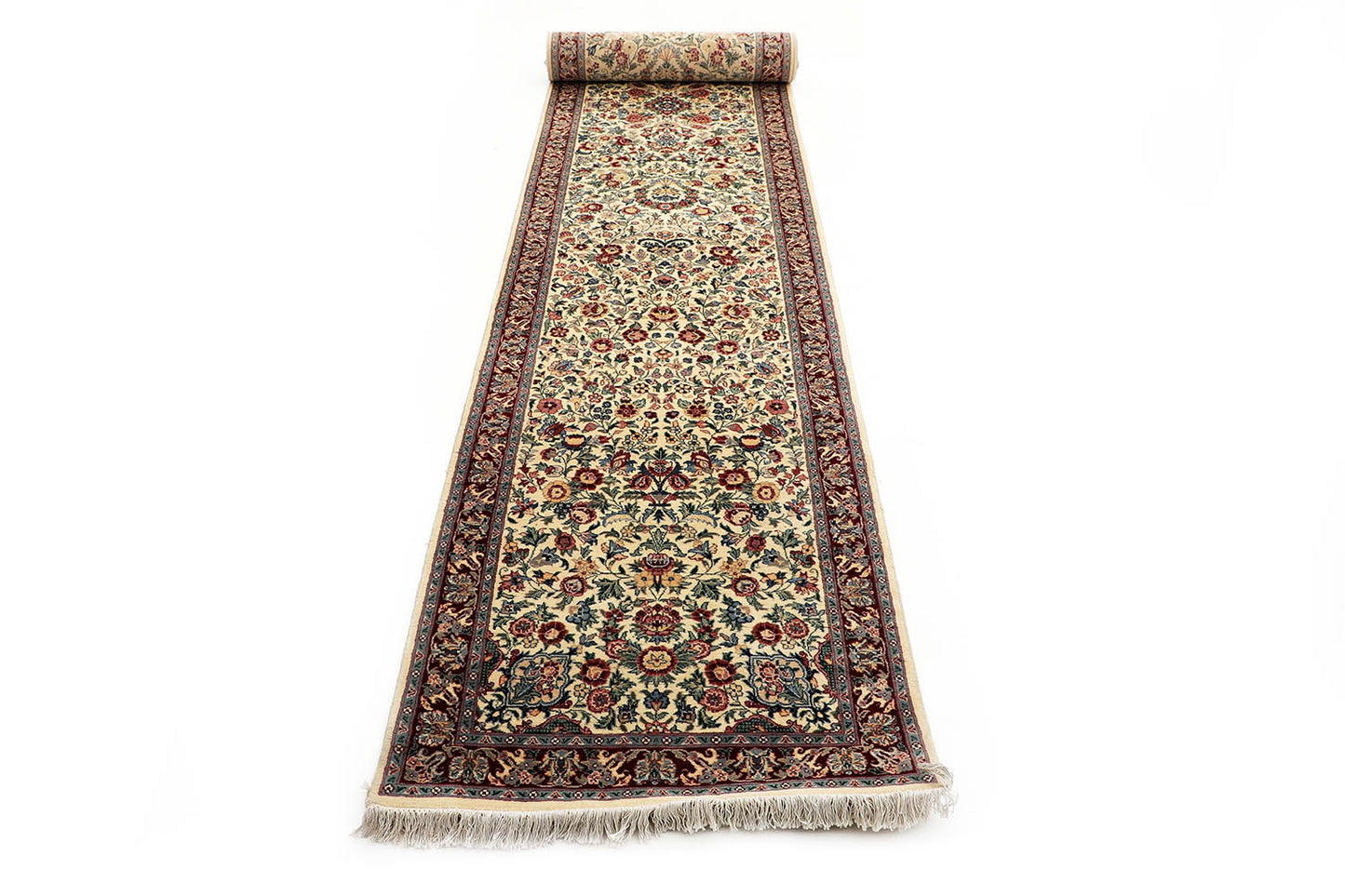 Hand-Knotted Lahore Carpet 2'.8" X 15'.4" Oriental, Ivory Fine Wool Runner Rug 2.5x16