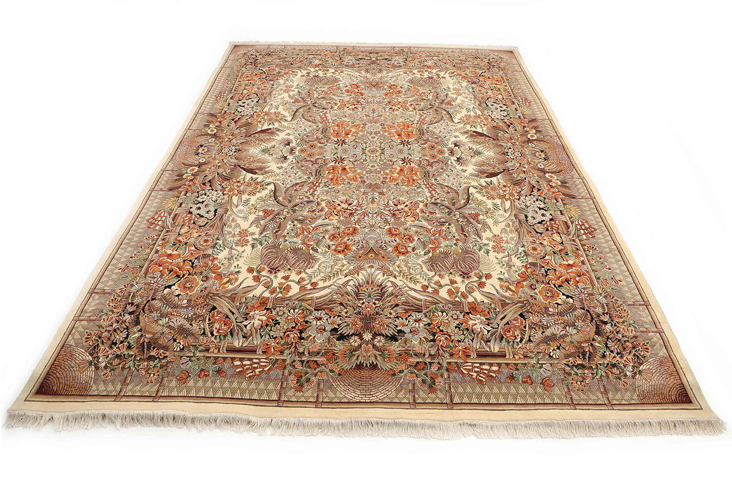 Hand-Knotted Lahore Carpet 10' X 14'.2" Oriental, Ivory Fine Wool Area Rug 10x14