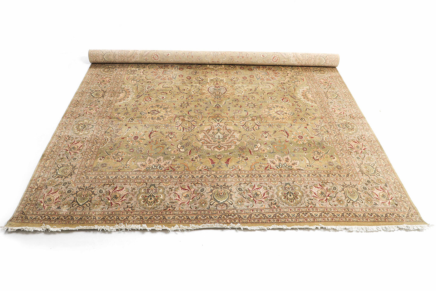 Hand-Knotted Lahore Carpet 9' X 12'.4" Oriental, Green Fine Wool Area Rug 9x12