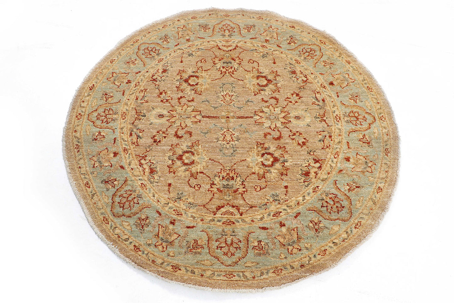 Hand-Knotted Oushak Carpet 4'.1" X 4'.1" Traditional, Camel Fine Wool Round Rug 4x4