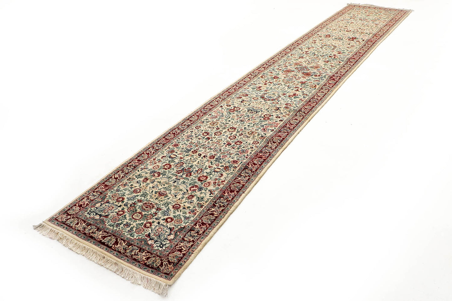Hand-Knotted Lahore Carpet 2'.8" X 15'.2" Oriental, Ivory Fine Wool Runner Rug 2.5x16