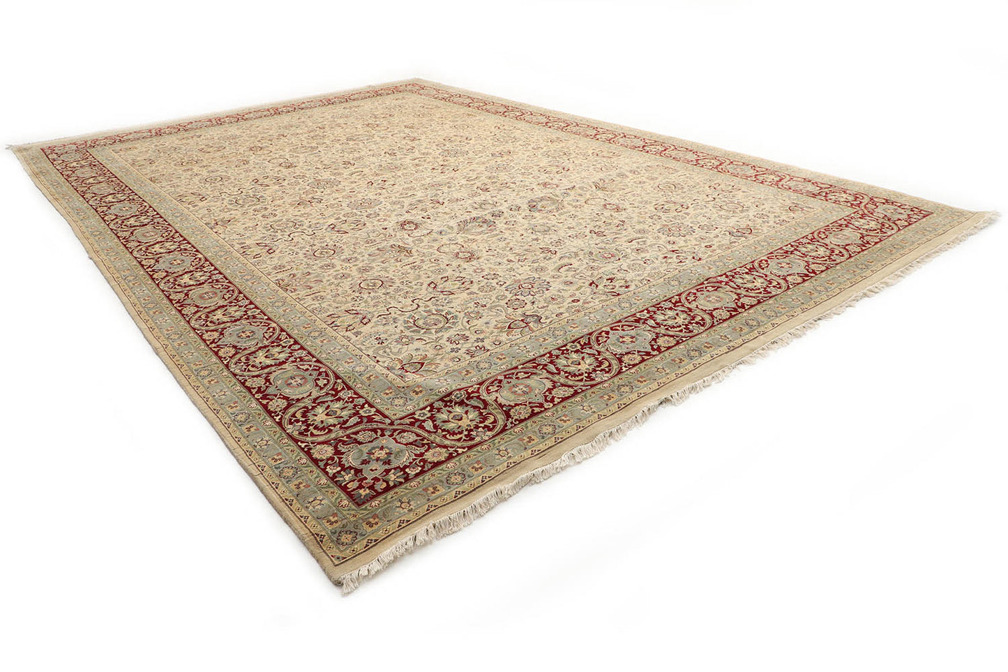 Hand-Knotted Lahore Carpet 12' X 17' Oriental, Bone Fine Wool Area Rug 12x17