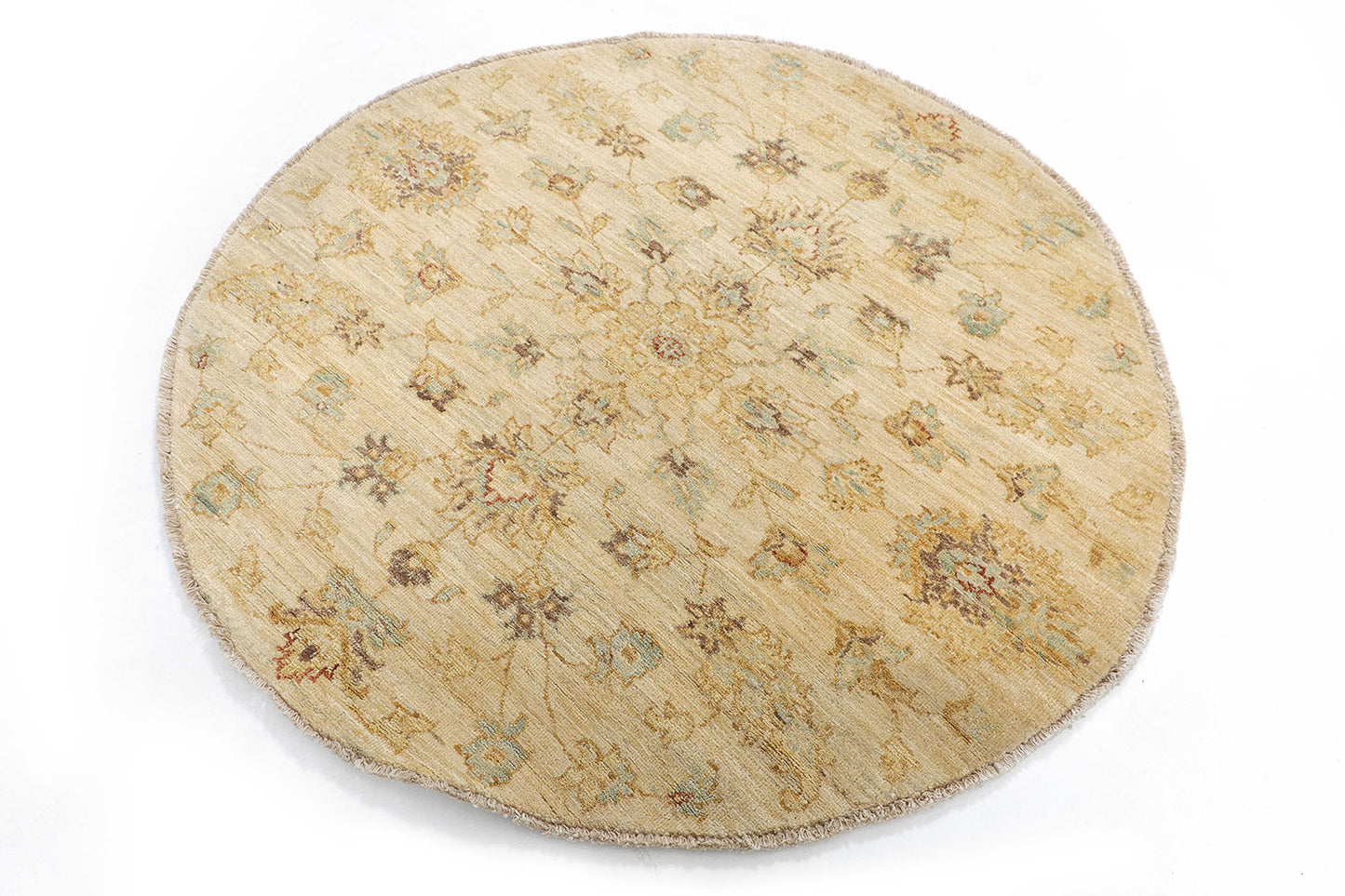 Hand-Knotted Oushak Carpet 4'.1" X 4' Traditional, Ivory Fine Wool Round Rug 4x4