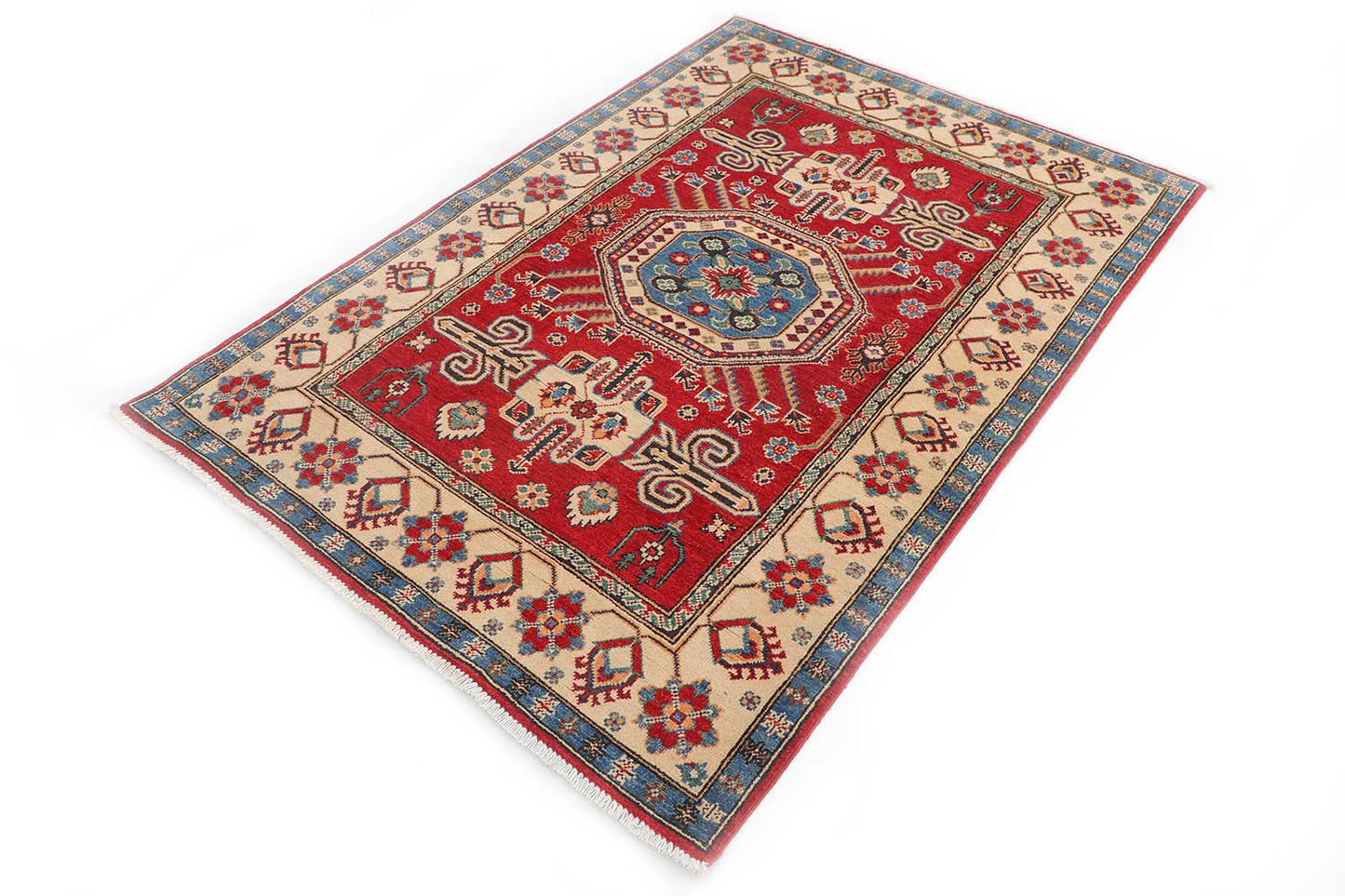 Hand-Knotted Tribal Kazak Carpet 5'.10" X 4'.2" Tribal, Red Fine Wool Area Rug 4x6