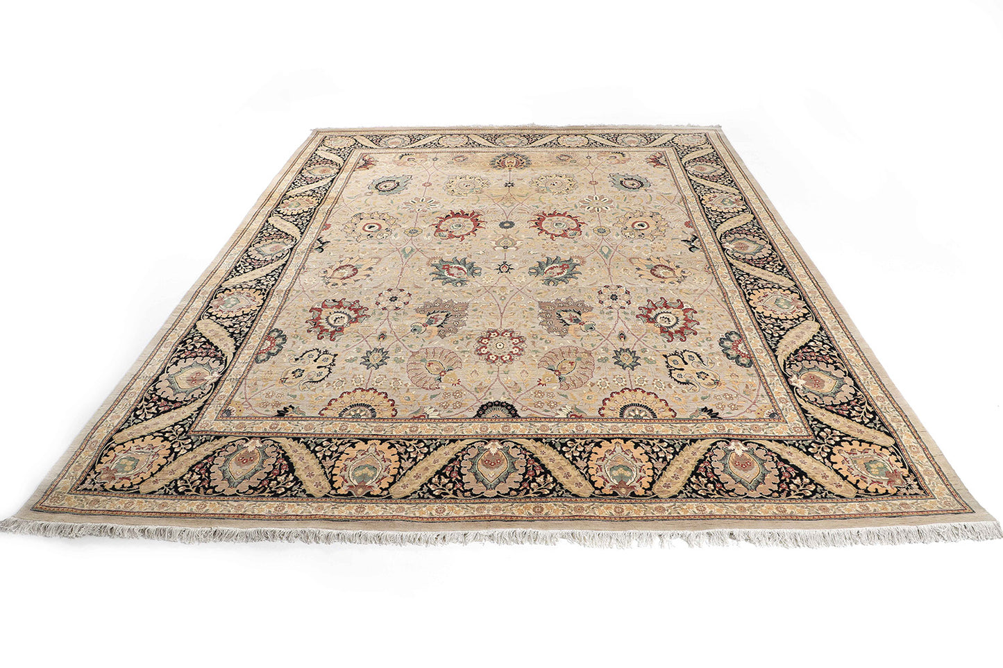 Hand-Knotted Lahore Carpet 11'.11" X 14'.9" Oriental, Bone Fine Wool Area Rug 12x15