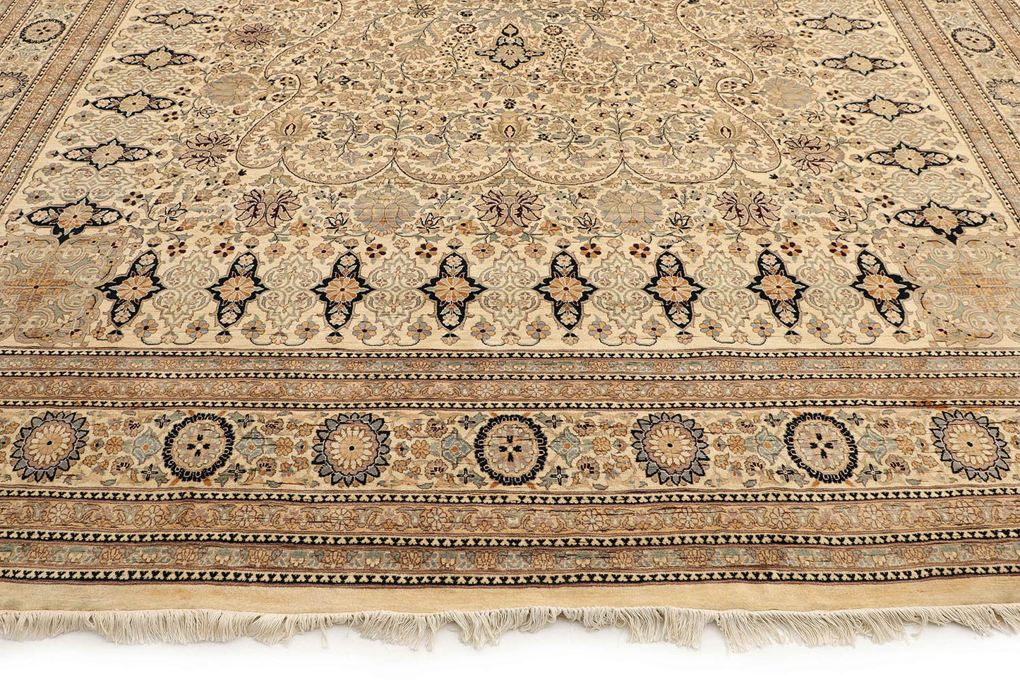 Hand-Knotted Lahore Carpet 10' X 14'.1" Oriental, Ivory Fine Wool Area Rug 10x14