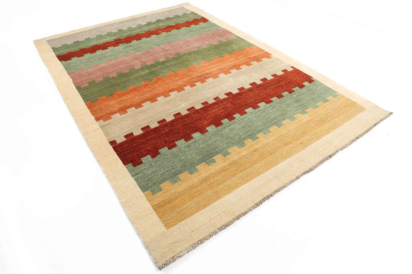 Hand-Knotted Gabbeh Carpet 6'.1" X 8'.9" , Ivory Fine Wool Area Rug 6X9