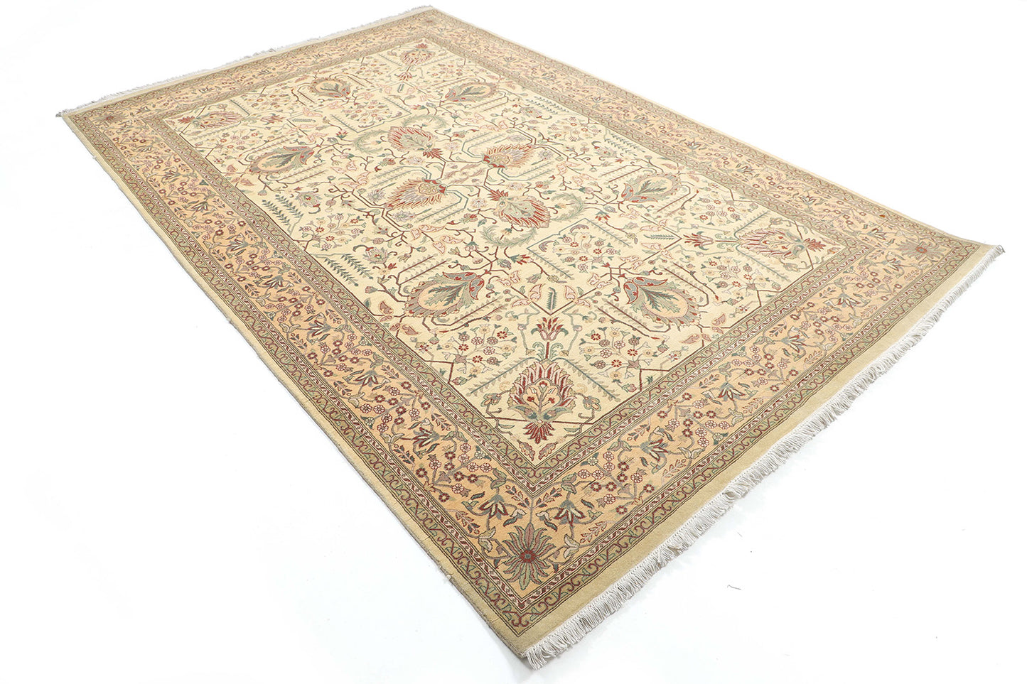 Hand-Knotted Lahore Carpet 6'.1" X 9'.2" Oriental, Ivory Fine Wool Area Rug 6x9