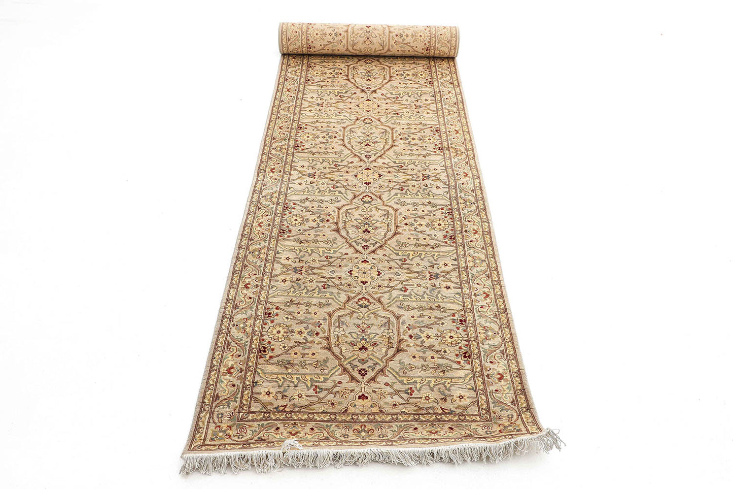 Hand-Knotted Lahore Carpet 2'.6" X 12' Oriental, Bone Fine Wool Runner Rug 2.5x12