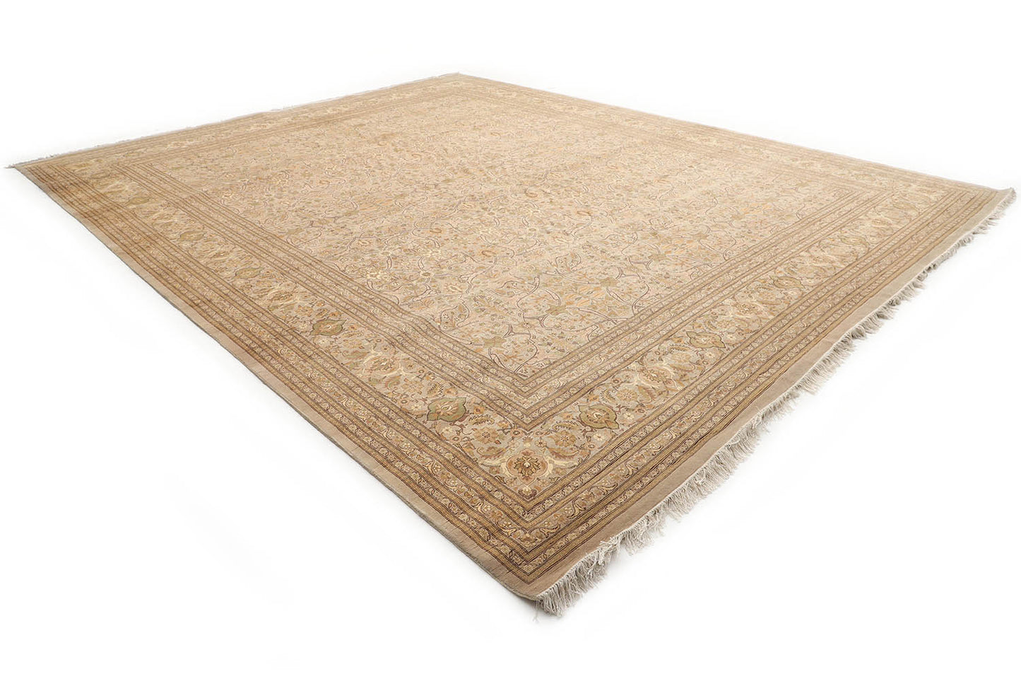 Hand-Knotted Lahore Carpet 12'.1" X 14'.10" Oriental, Bone Fine Wool Area Rug 12x15