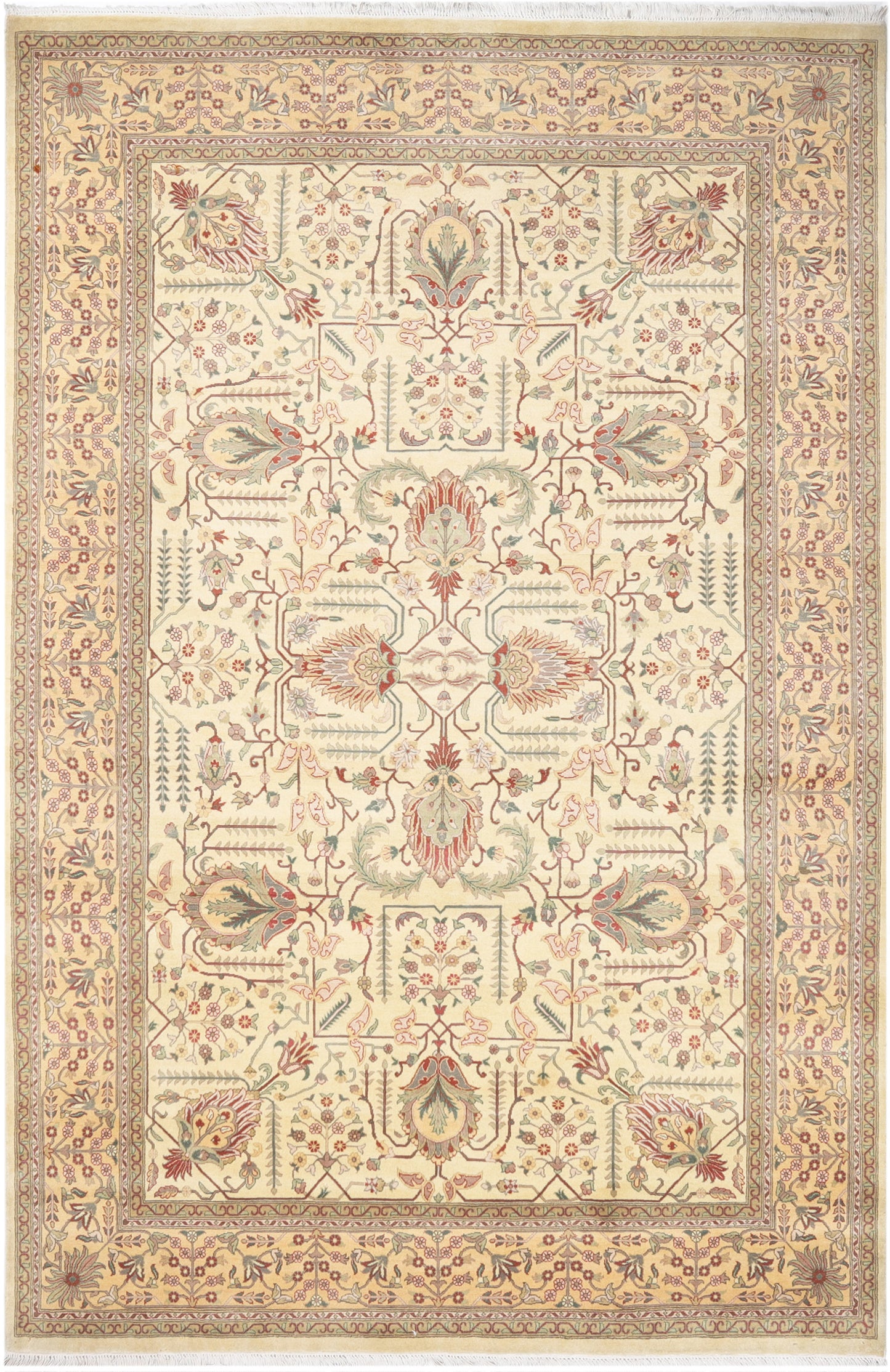 Hand-Knotted Lahore Carpet 6'.1" X 9'.1" Oriental, Ivory Fine Wool Area Rug 6x9