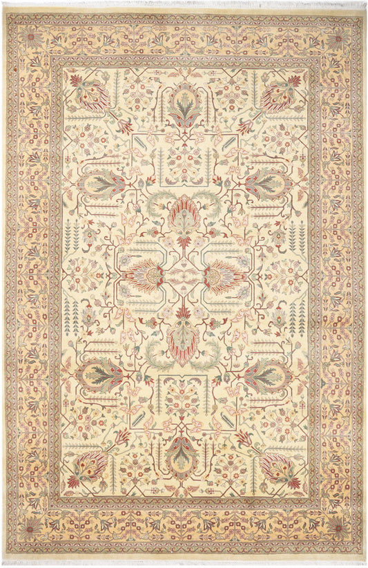 Hand-Knotted Lahore Carpet 6'.1" X 9'.1" Oriental, Ivory Fine Wool Area Rug 6x9