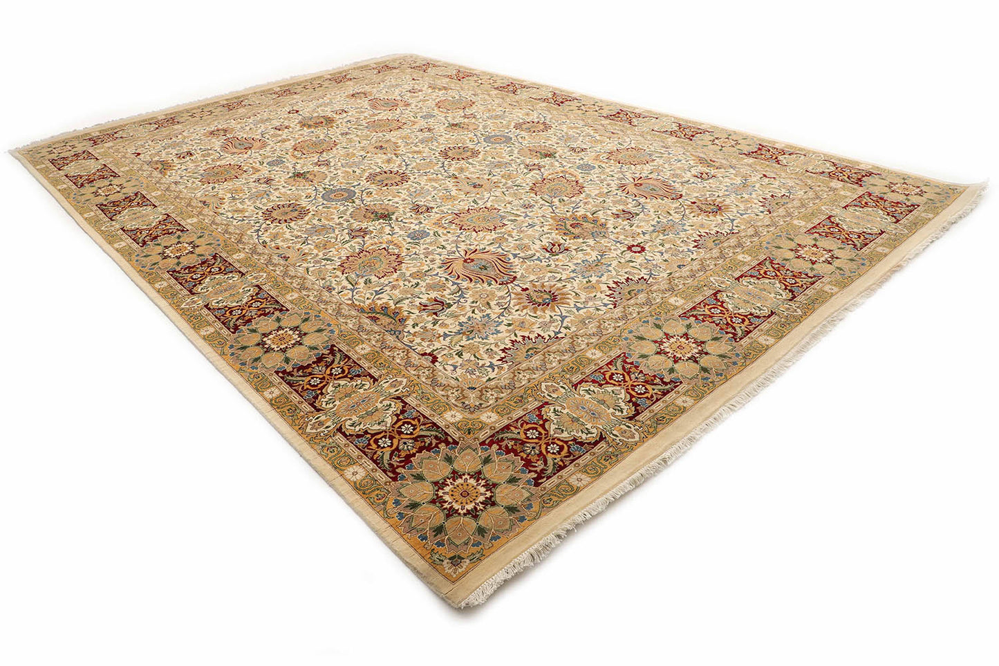 Hand-Knotted Lahore Carpet 10' X 14'.2" Oriental, Ivory Fine Wool Area Rug 10x14