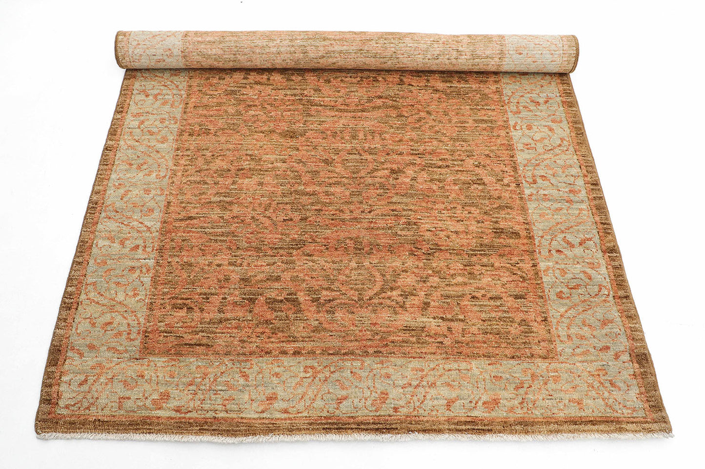 Hand-Knotted Oushak Carpet 4'.1" X 6'.1" Traditional, Green Fine Wool Area Rug 4x6