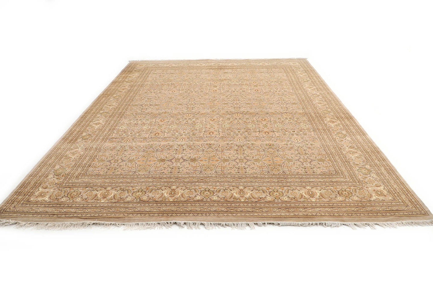 Hand-Knotted Lahore Carpet 12'.1" X 14'.10" Oriental, Bone Fine Wool Area Rug 12x15