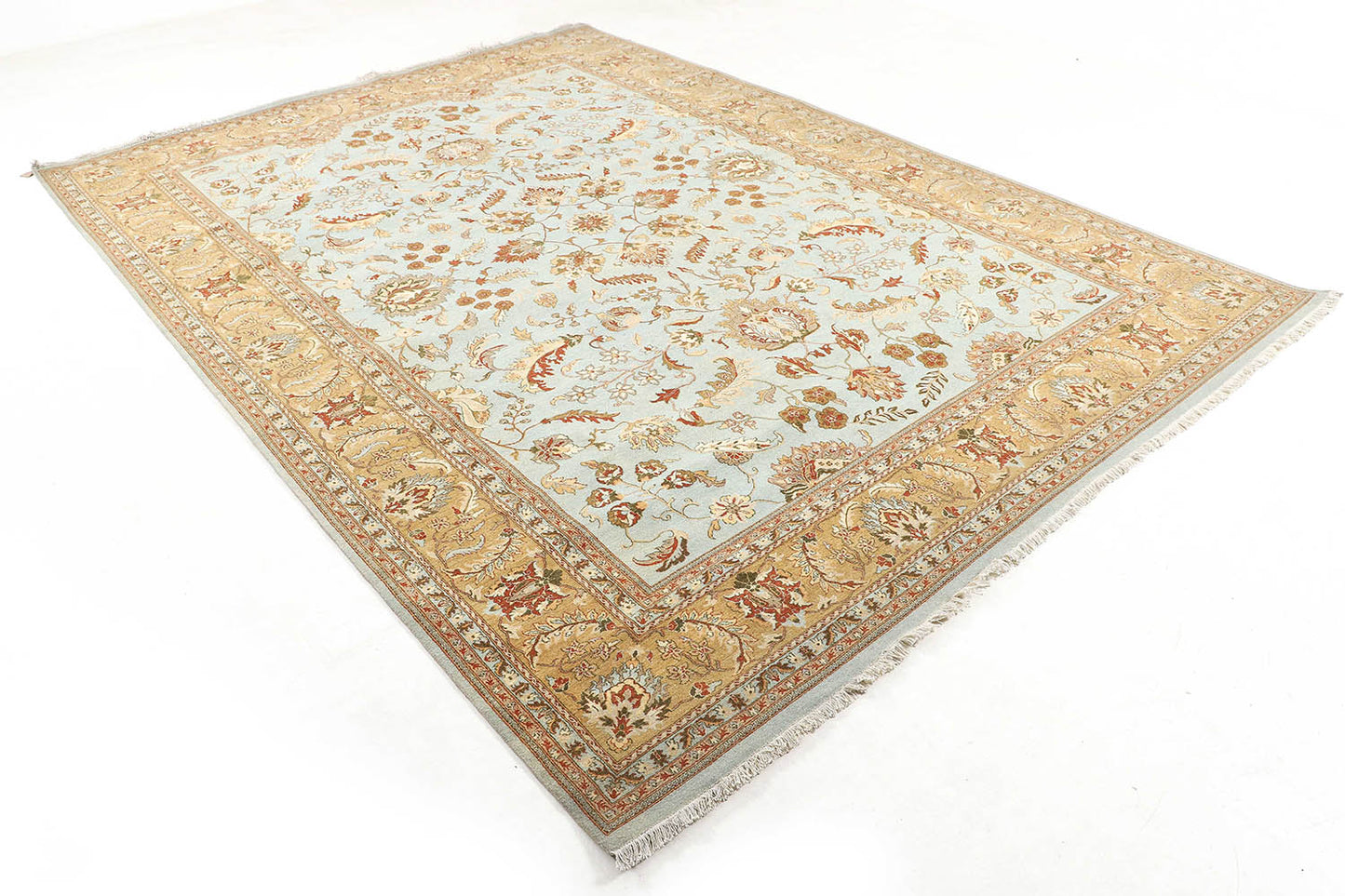 Hand-Knotted Lahore Carpet 10' X 14' Oriental, L/Blue Fine Wool Area Rug 10x14