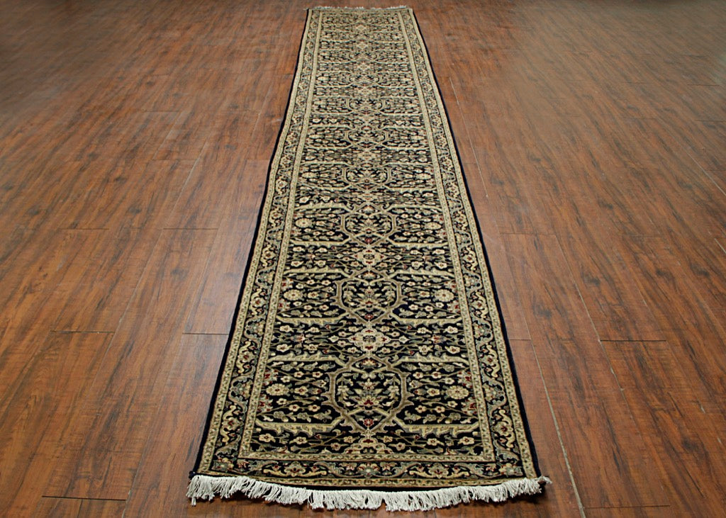 2.5X16 Hand-Knotted Lahore Carpet Oriental Black Fine Wool Runner Rug D40590