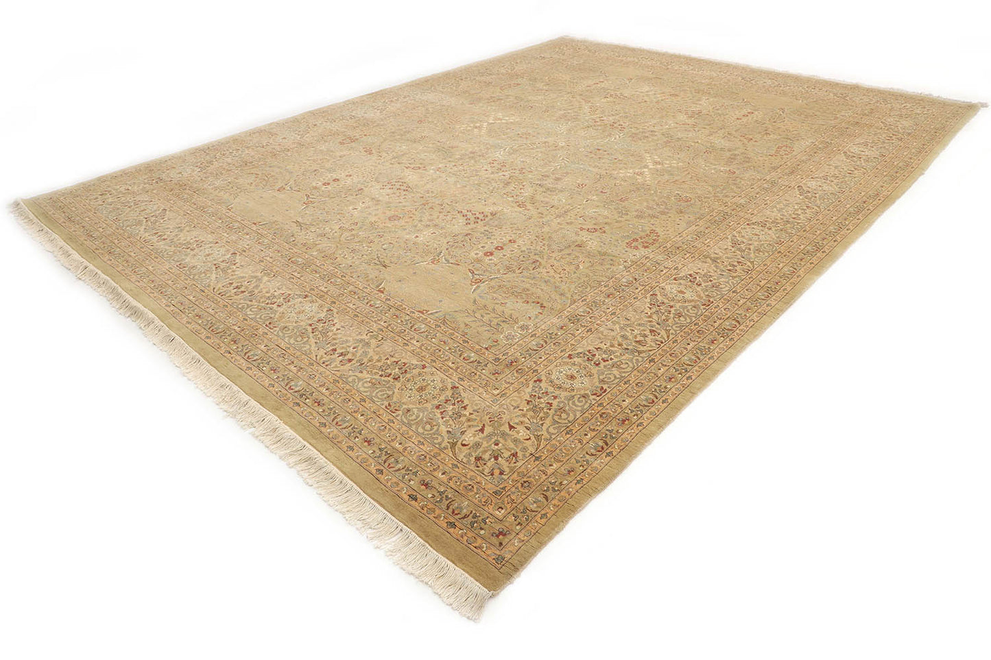 Hand-Knotted Lahore Carpet 10' X 13'.9" Oriental, Khaki Fine Wool Area Rug 10x14